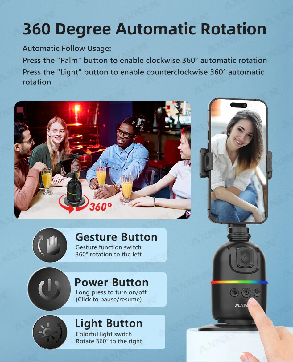 Smart Auto Face Tracking AI Gimbal – 360° Desktop Vlog Stabilizer for Smartphone & Action Camera (Tripod Optional)