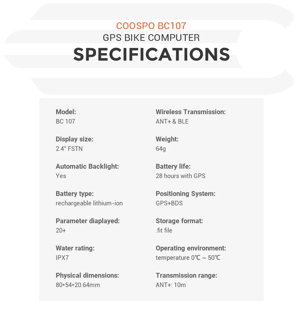 Coospo BC107 GPS Bike Computer — 2.4" Wireless Odometer & Speedometer, Bluetooth 5.0, ANT+, Waterproof
