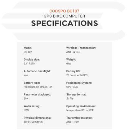 Coospo BC107 GPS Bike Computer — 2.4" Wireless Odometer & Speedometer, Bluetooth 5.0, ANT+, Waterproof