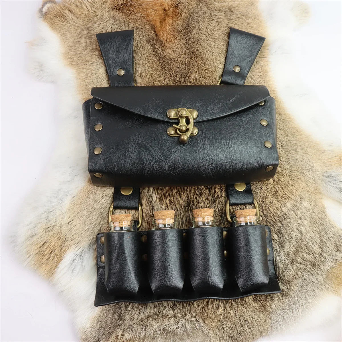 Renaissance Leather Cosplay Belt – Medieval Wizard Waist Bag with Alchemy Bottle, Cork Stopper & Copper Coin