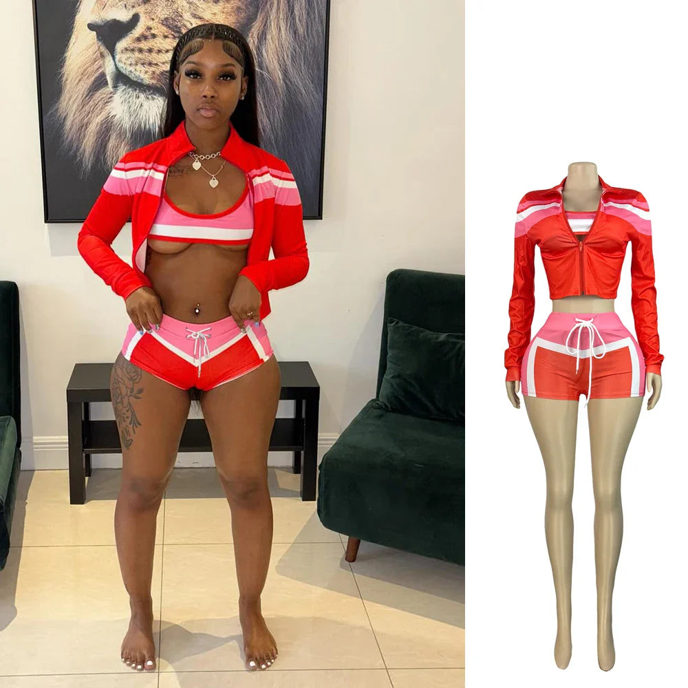 2025 Trending Women’s Summer 3-Piece Tracksuit – Color Block Sports Bra, Jacket & Shorts Gym Workout Set