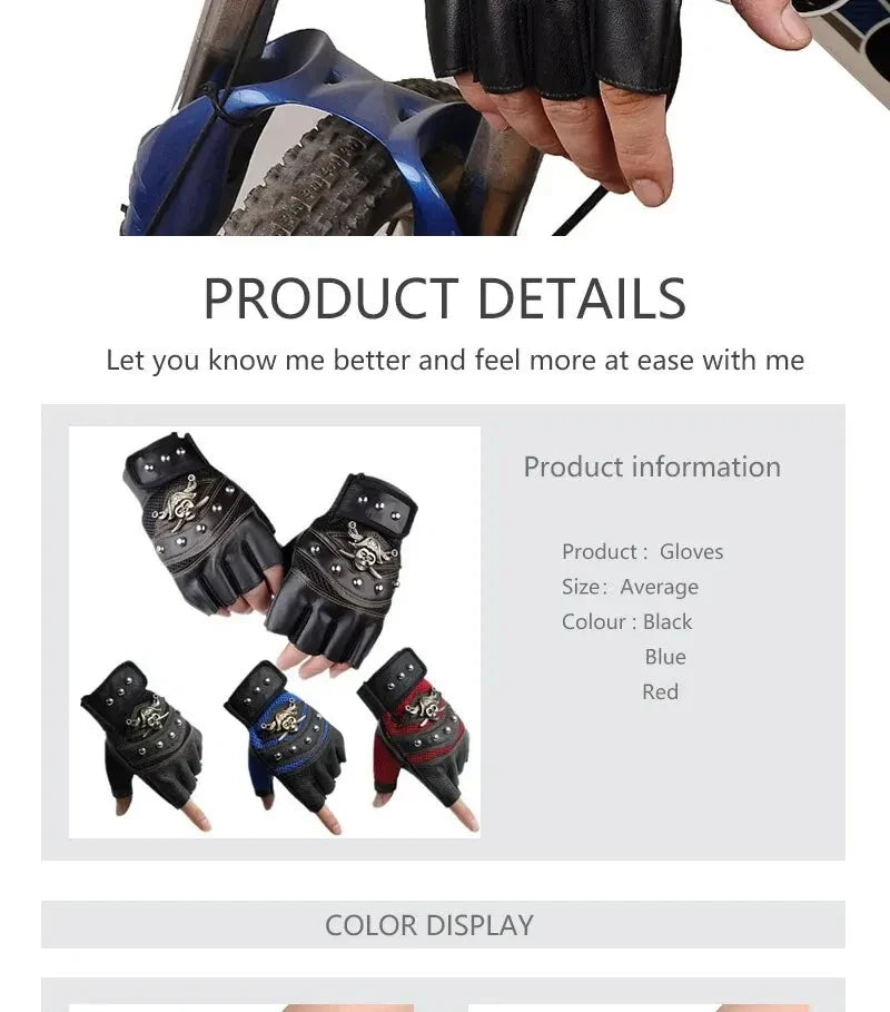 Pirate Skull PU Leather Fingerless Gloves for Men & Women – Hip Hop, Gym, Moto Half-Finger Mitts with Rivets