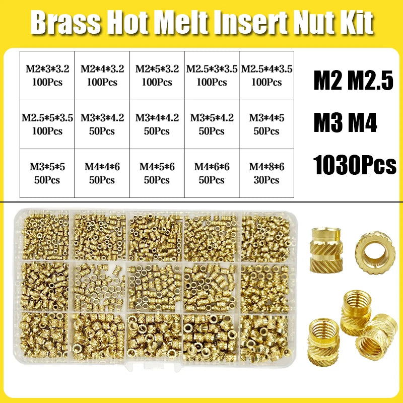 Brass Threaded Insert Nut Kit M2–M8 – Heat Set Knurled Copper Nuts for 3D Printing & Plastic Injection
