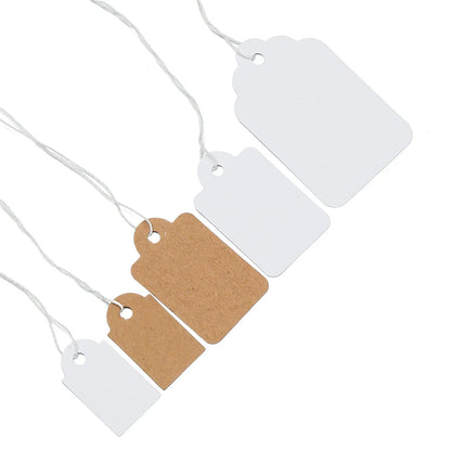 100PCS Price Label Tags — Rectangular Blank Paper Cards with String Tie for Watch & Jewelry Display Merchandise
