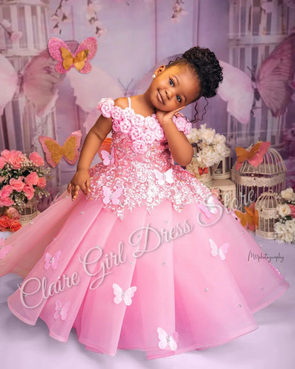 Flower Girl Wedding Dress - Pink Applique Butterfly & Pearl Party Gown