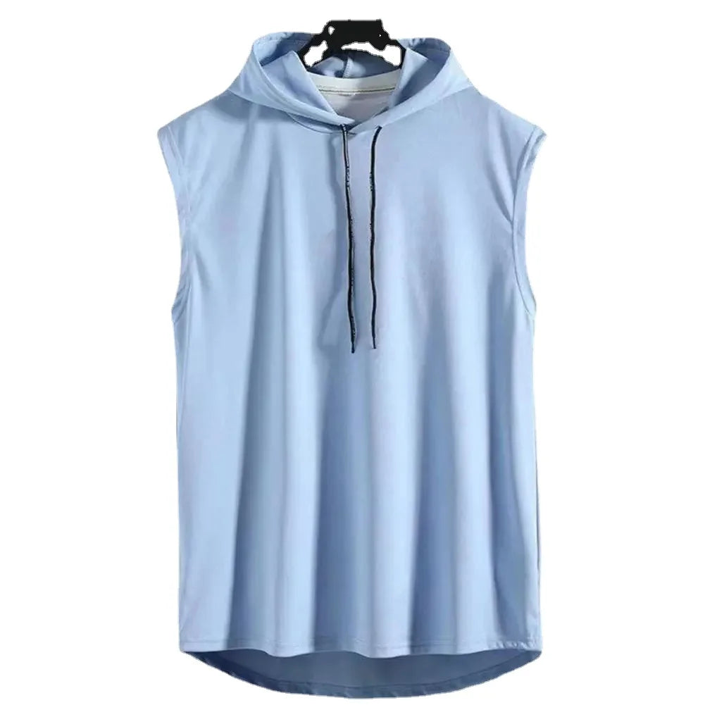 Ice Silk Summer Muscle Hoodie Vest | Sleeveless Bodybuilding Gym Workout Fitness Shirt | High-Quality Hip Hop Sweatshirt Top