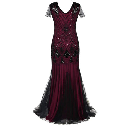 Women’s 1920s Great Gatsby Flapper Dress – Vintage V-Neck Sequin & Bead Long Mesh Maxi Party Prom Gown