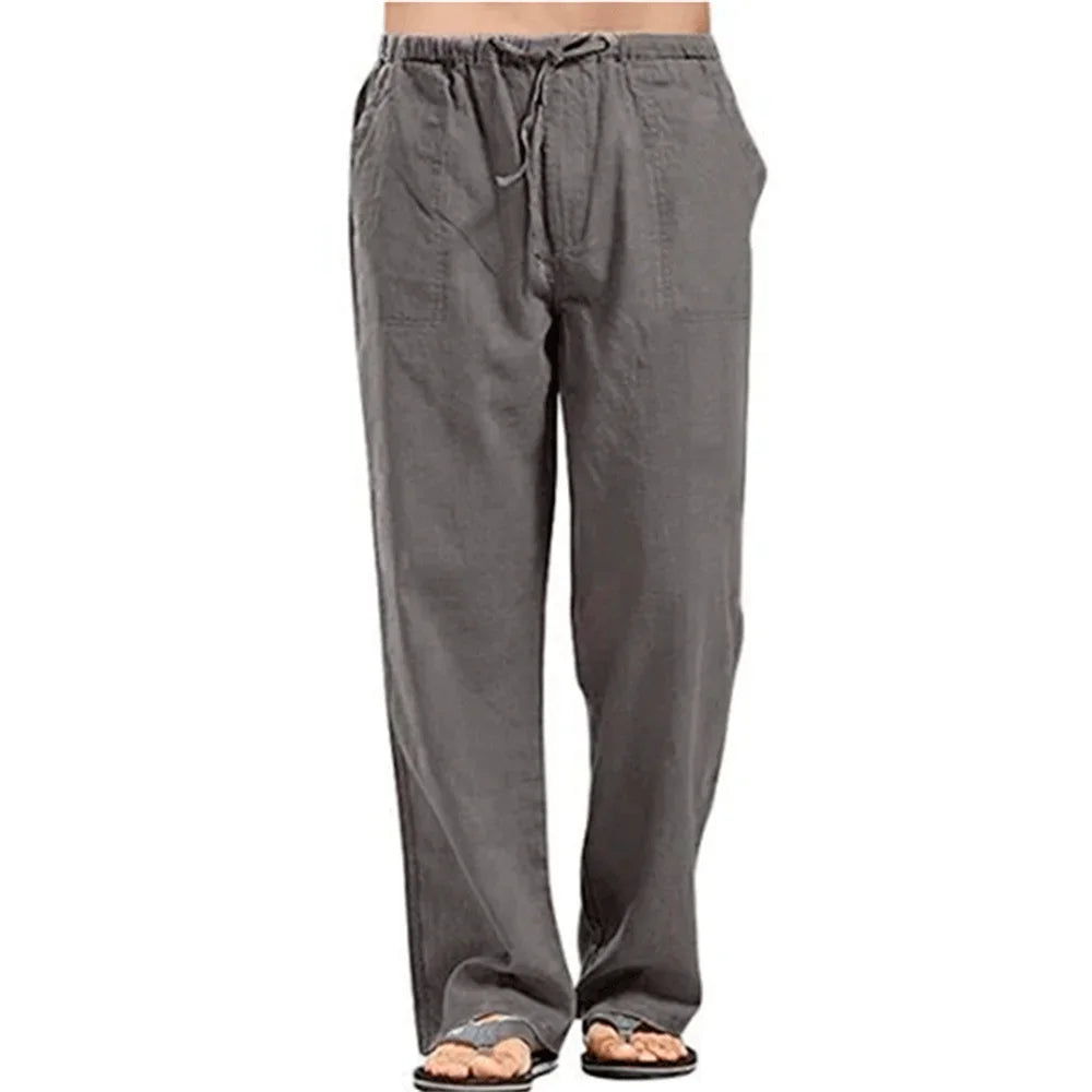 Men's Cotton Linen Pants – Summer Breathable Solid Color Casual Trousers with Elastic Waist