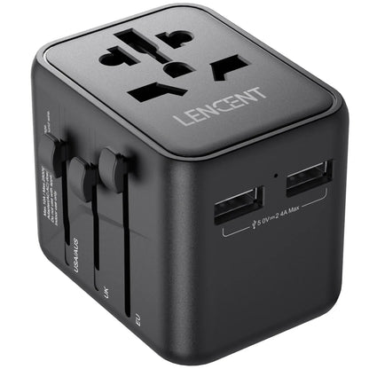 LENCENT International Travel Adapter – All-in-One Charger with 2 USB Ports, EU/UK/USA/AUS Plugs for Worldwide Travel