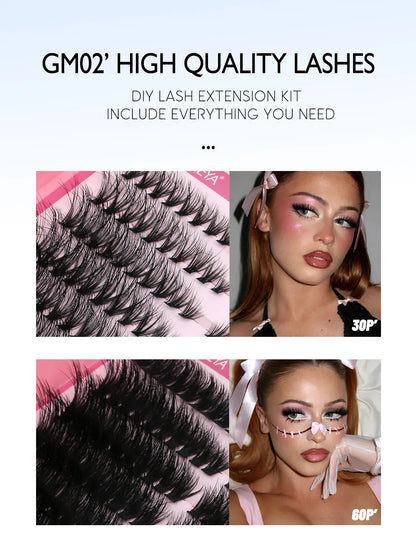 GROINNEYA Cat Lash Clusters Kit – 640pcs with Lash Bond & Seal, DIY Eyelash Extensions for Home Use