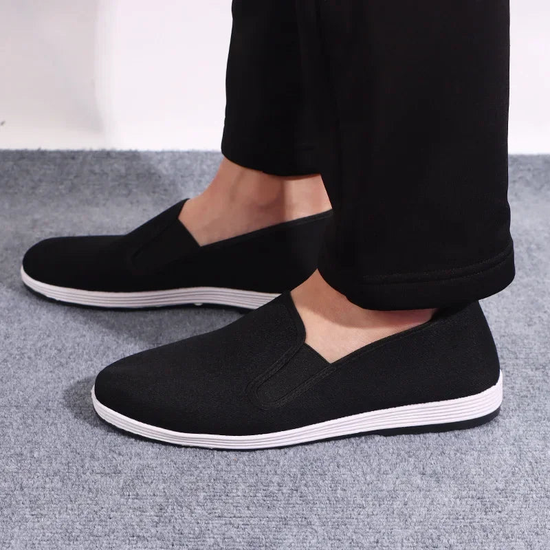 Men’s Old Cloth Slip-On Shoes – Breathable Black Canvas Casual & Driving Work Shoes