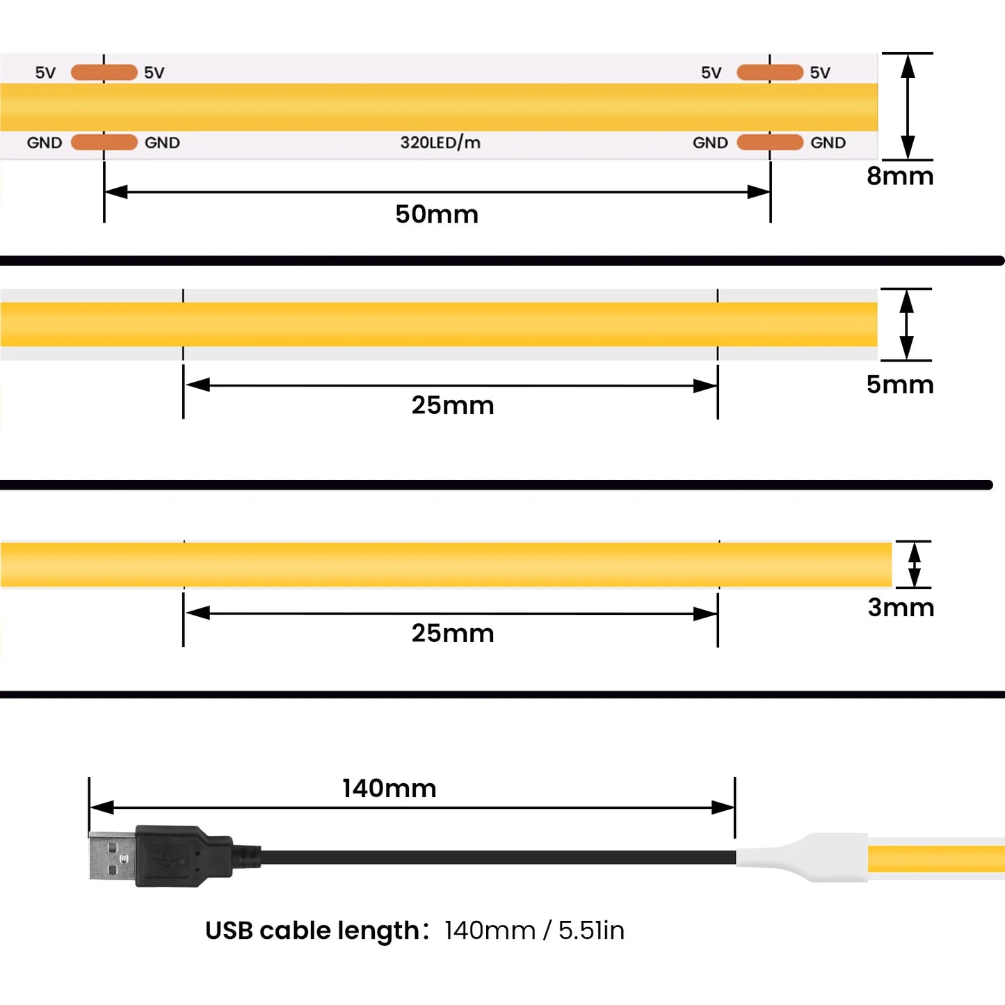 DC 5V USB COB LED Strip Light – Flexible 3mm/5mm/8mm Ribbon Rope in Multiple Colors for TV Backlight & Home Decor