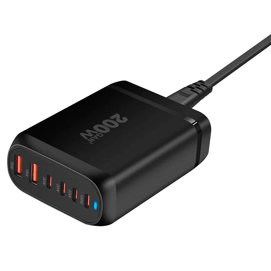 UHOMEBUY 200W GaN Desktop Charger - 6-Port USB Type C with 100W PD & Quick Charge 3.0 Fast Mobile Charger