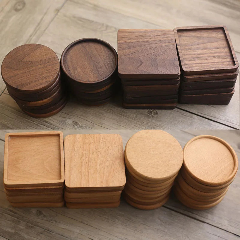 Solid Walnut & Beech Wood Coaster — Durable Heat-Resistant Round & Square Cup Mat, 8.8cm Tea & Coffee Placemat