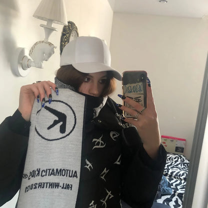 Men’s Y2K Black Knitted Scarf — Aphex Twin Goth Harajuku Streetwear Winter Shawl Unisex
