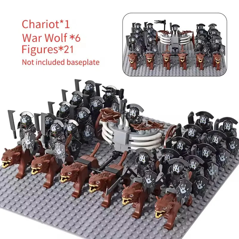 MOC Medieval LOTR Figures — Black Wolves & Mounted Chariots Action Dolls, Assembled Brick Building Blocks Toy