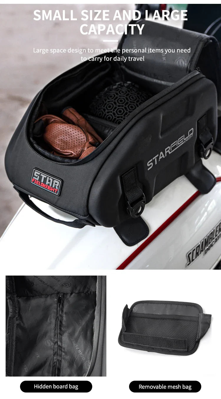 Waterproof Motorcycle Seat Back Bag – Large Capacity Hard Tail Box Luggage for Racing & Riding, Black Fuel Tank Motorbike Storage