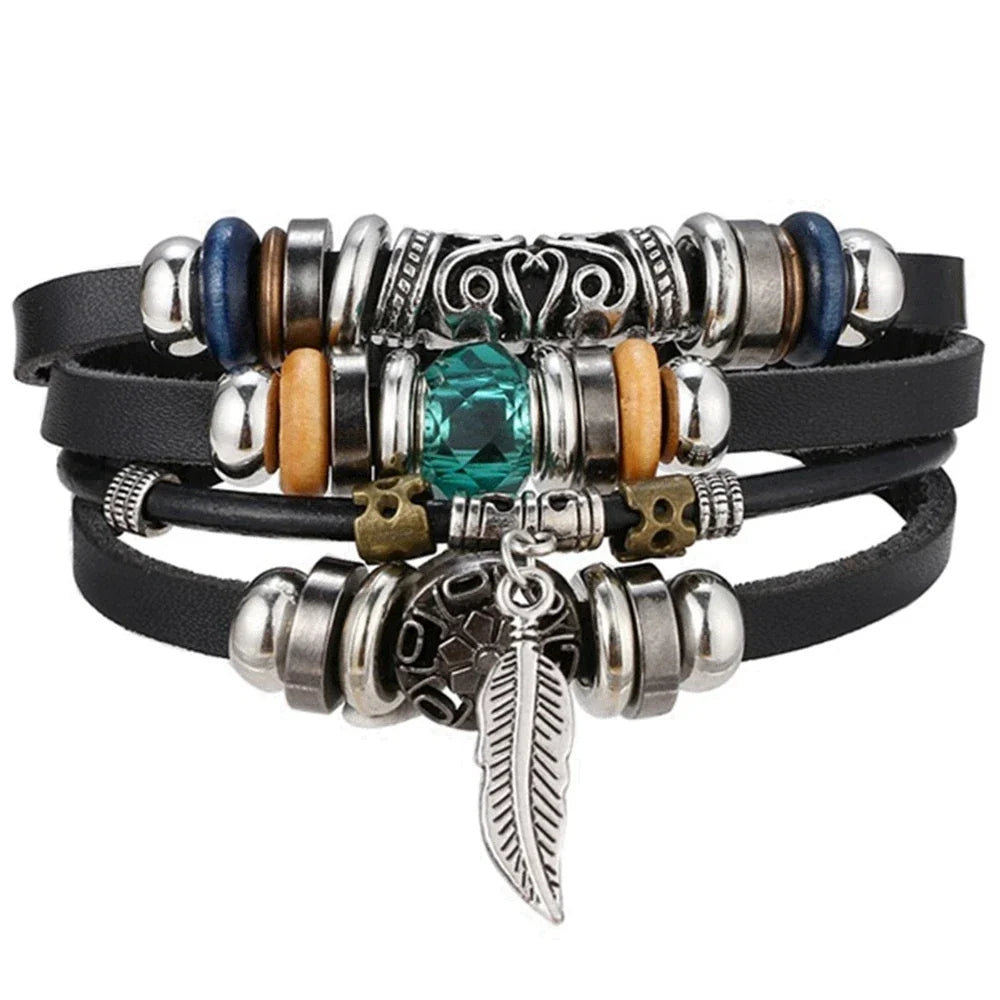 Vintage Gothic Punk Moon & Star Metal Bracelet - Multilayer Leather Bangle for Men, Leaf & Sun Arm Jewelry