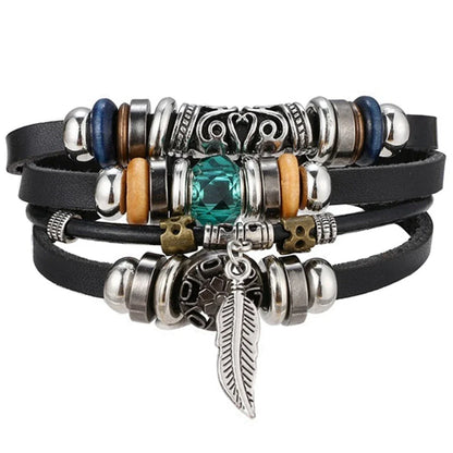 Vintage Gothic Punk Moon & Star Metal Bracelet - Multilayer Leather Bangle for Men, Leaf & Sun Arm Jewelry