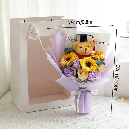 DIY Simulated Flower Bouquet – Crochet Sunflower Finished Product, Graduation, Doctoral, Valentine’s Day & Birthday Gift with Bear