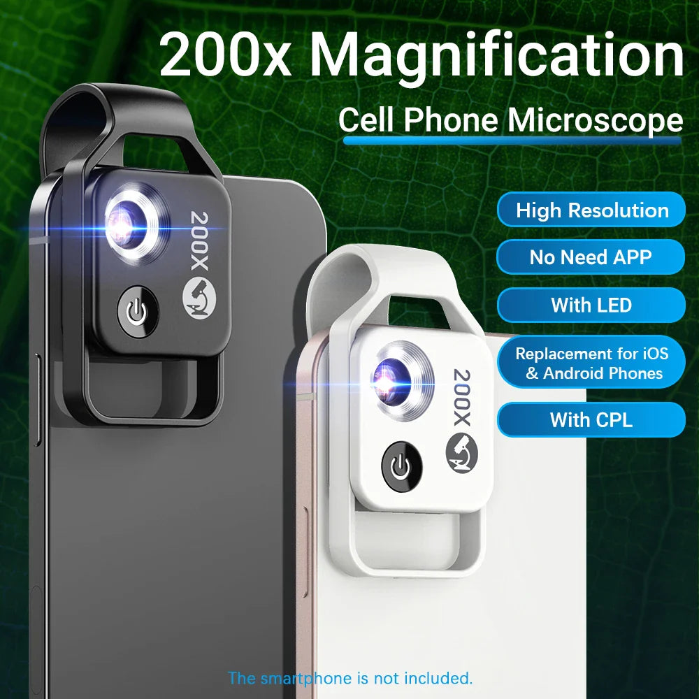 100X/200X Microscope Phone Lens with Clip – Magnifier for Plants, Insects, Hair, Skin, Jewelry & Jade Inspection