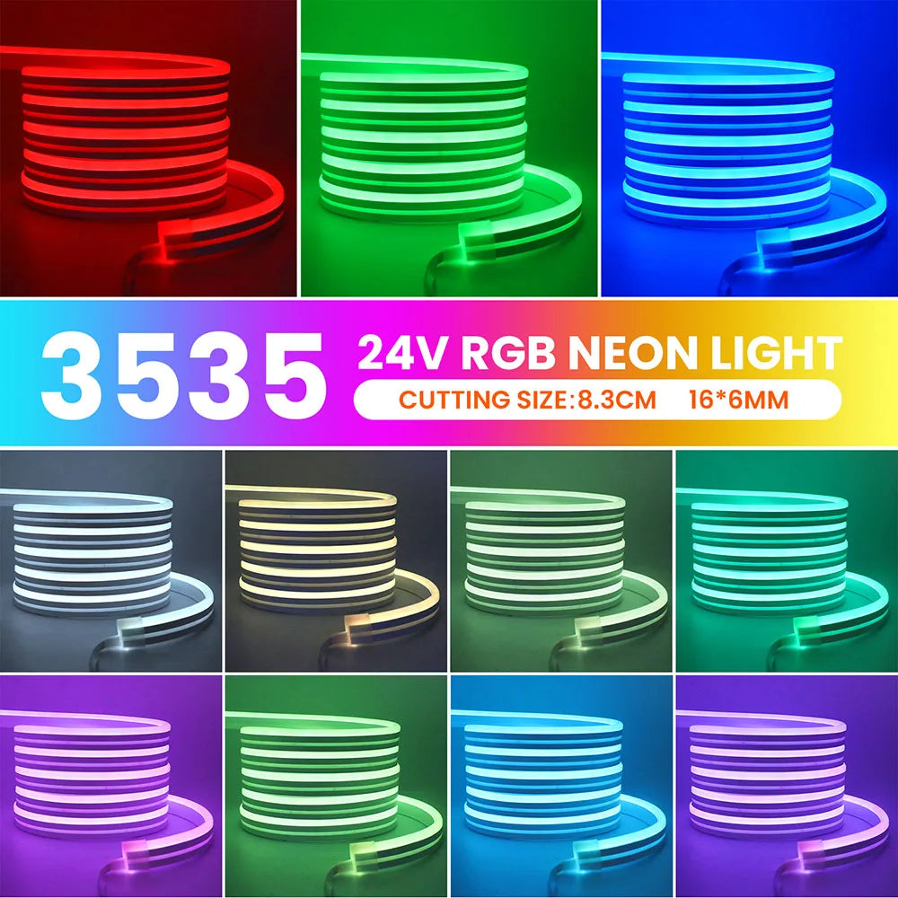 EU Plug DC24V RGB Neon LED Strip – 3535 Bluetooth Music Sync Waterproof Rope Light, 5-30M for Indoor & Outdoor Decor