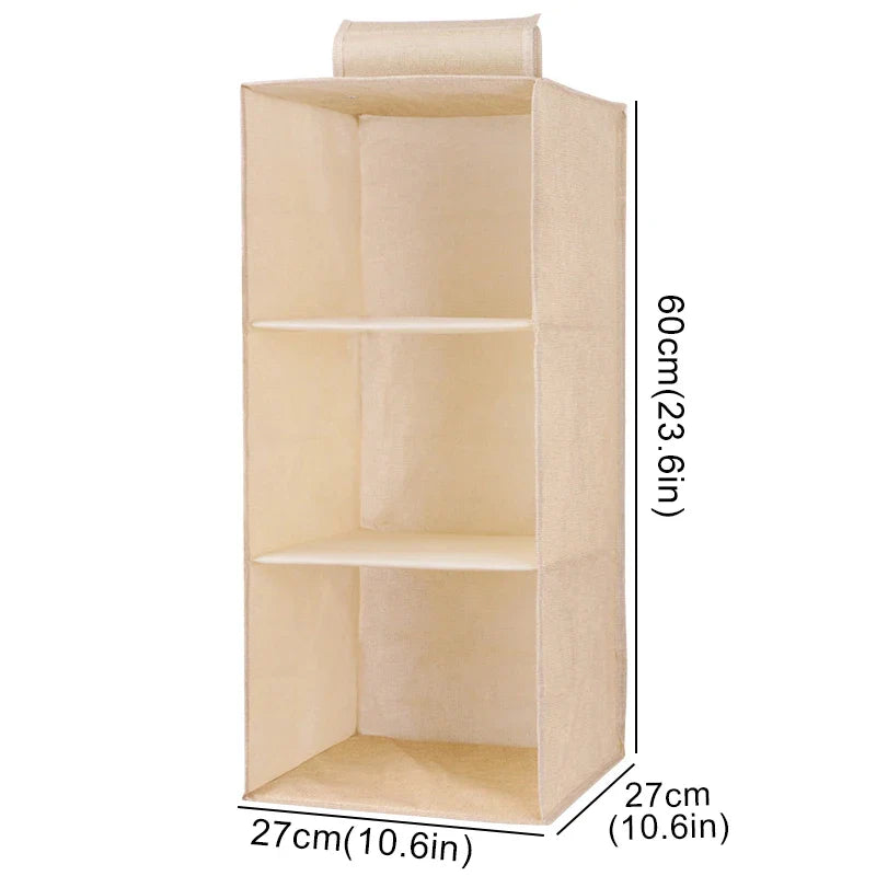 Cotton Linen Hanging Storage Bag with Drawers — Collapsible Wardrobe Organizer Box and Clothes Holder Shelves