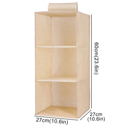Cotton Linen Hanging Storage Bag with Drawers — Collapsible Wardrobe Organizer Box and Clothes Holder Shelves