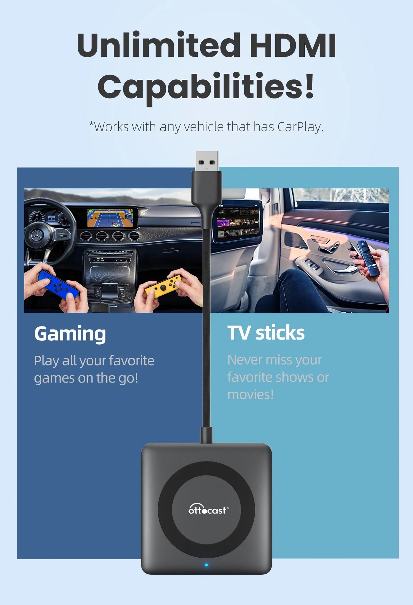 OTTOCAST Car TV Mate Adapter — Wired to Wireless CarPlay & Android Auto, HDMI Multimedia Video Converter for TV Sticks, Game Box, Phone