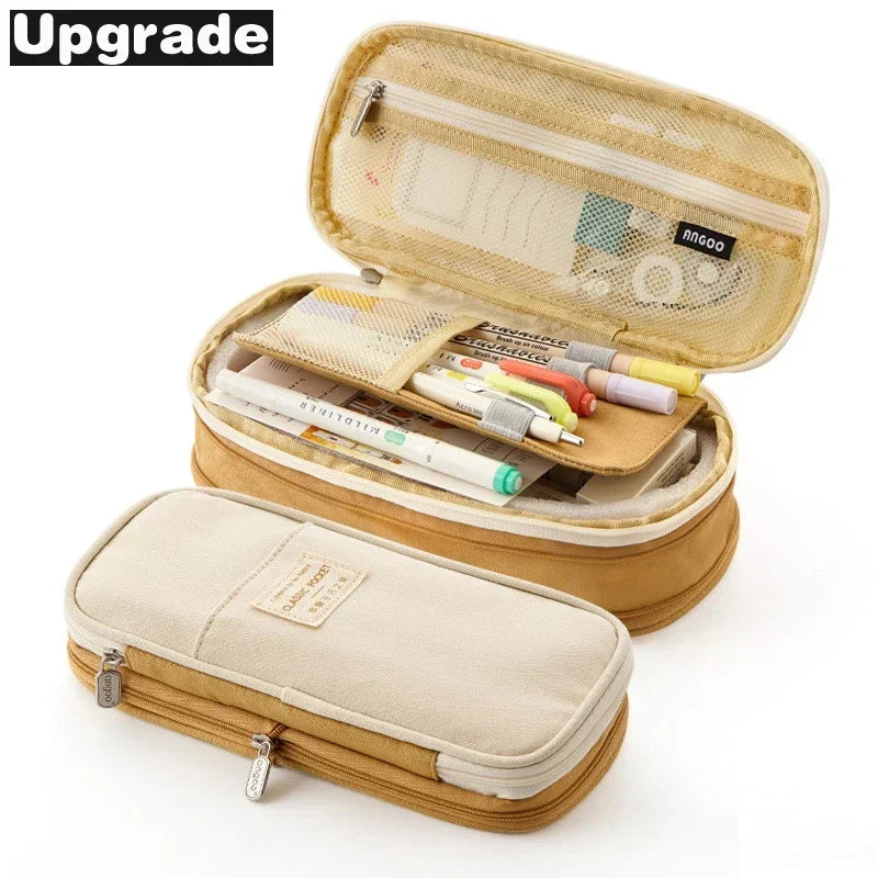 Cute Macaron Canvas Pencil Case - Large Capacity Double-Layer Kawaii School Stationery Pouch for Girls & Kids