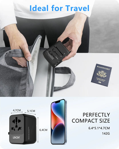 LENCENT Universal Travel Adapter with 3 USB Ports & Type-C PD Charging - EU/UK/USA/AUS Plug, All-in-One Travel Charger