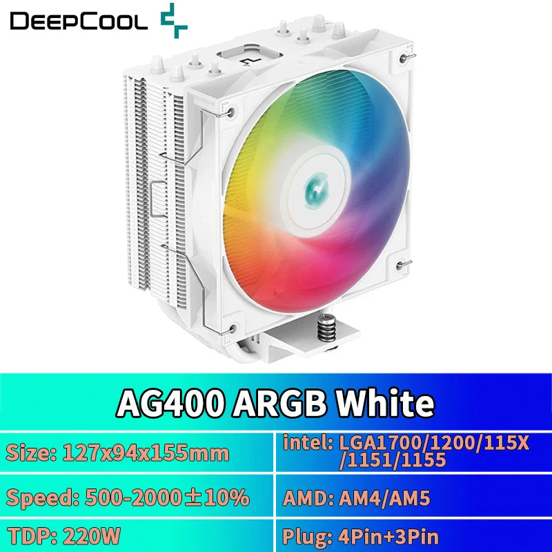 DEEPCOOL AG400 ARGB Air Cooler — 4 Heat Pipe CPU Cooler with PWM for Intel LGA1700/1200/115X & AMD AM4/AM5