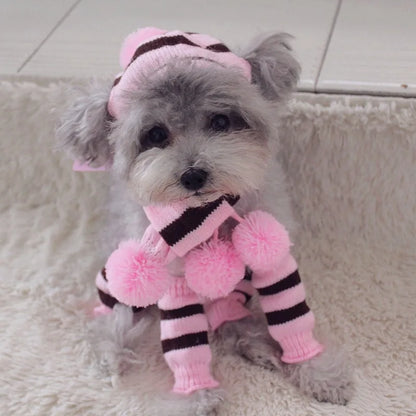 Winter Knitted Pet Accessories Set – Striped Hat, Scarf & Socks for Small Dogs, Puppies & Cats