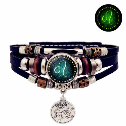 Starry Sky Zodiac Luminous Leather Bracelet - Multi-Layered Beaded Snap Closure for Men & Women, Friendship Bracelet