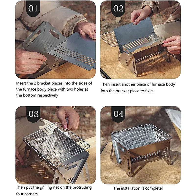 Portable Folding Barbecue Grill - Multifunction Camping BBQ Grill Rack - Stainless Steel BBQ Grill with Firewood Stove