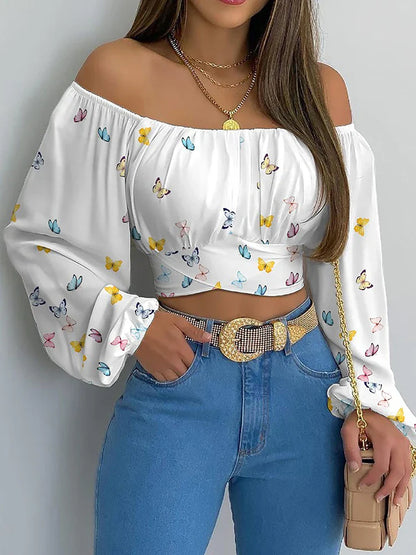 Boho Print Blouse: Women's Elegant Casual Off-Shoulder Slim Shirt - Long Lantern Sleeve Chic Cropped Top for Summer Tunics