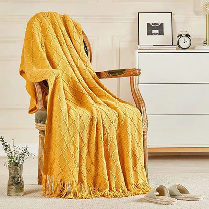 White Boho Throw Blanket – Textured Chunky Knitted Vintage Luxury Bedspread, Sofa Cover Manta Para Sofá