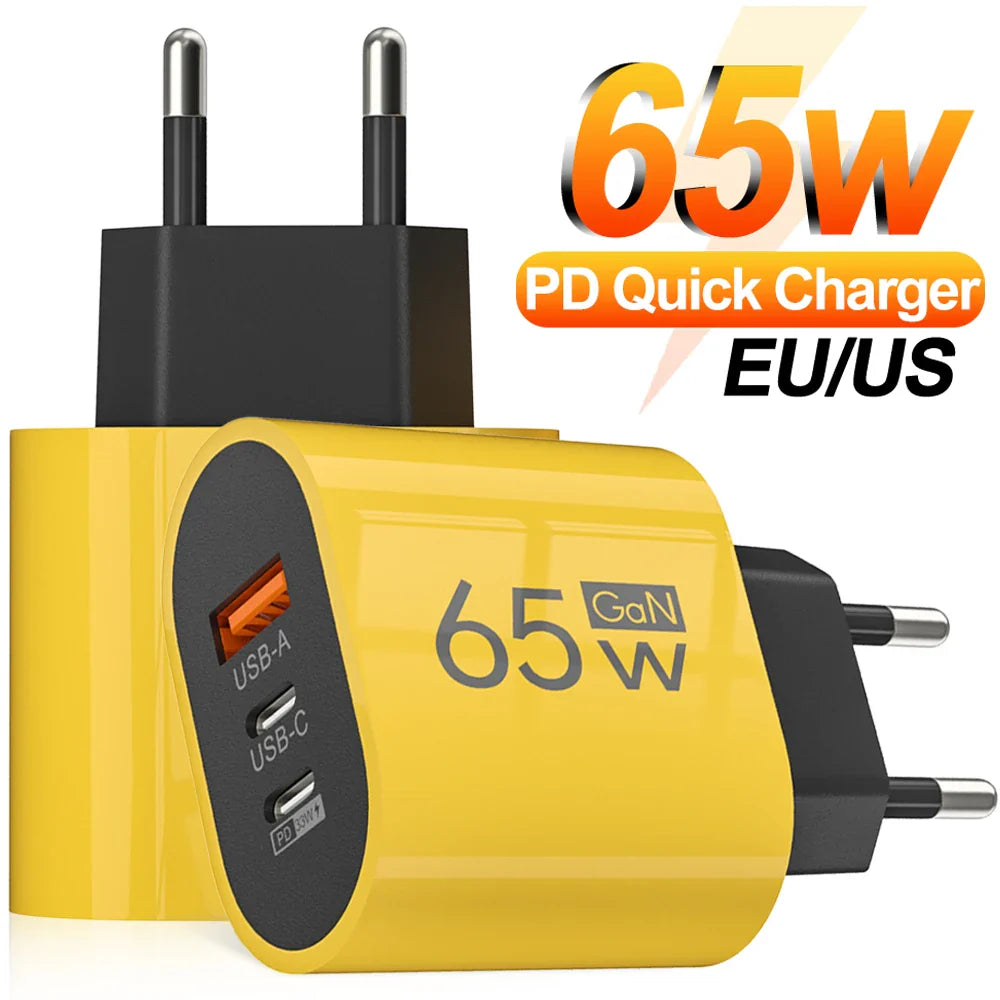 65W GaN Fast Charging USB Type C Wall Charger Adapter for iPhone and Samsung - PD QC3.0 Quick Charge