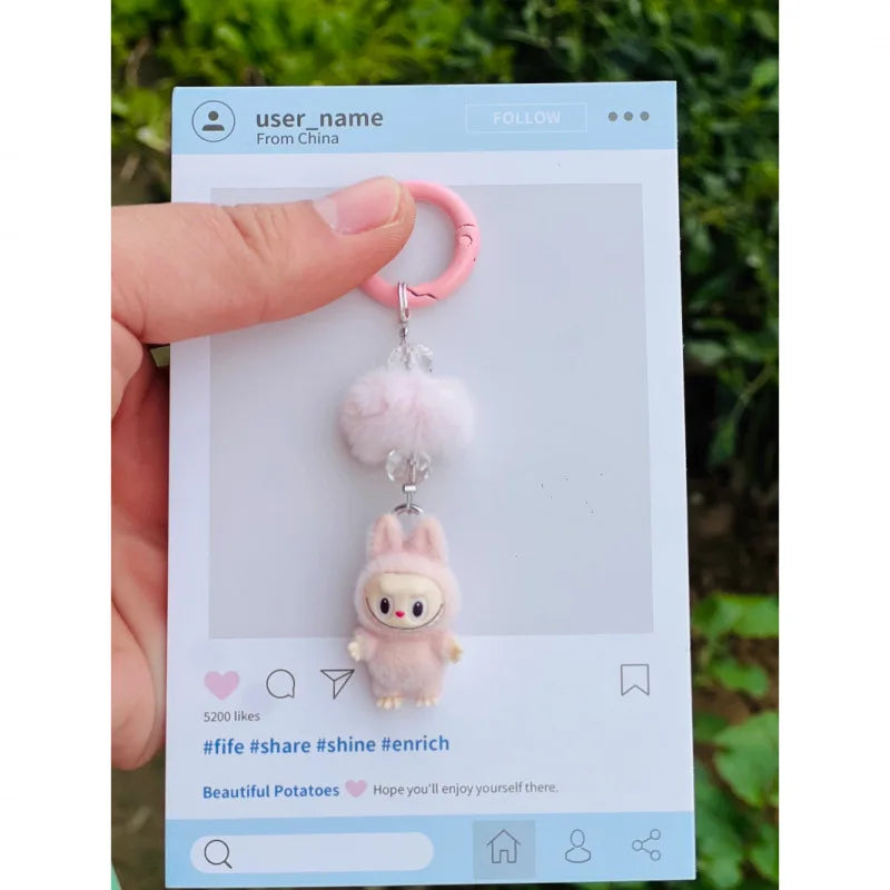 Labubu Mini Flocking Doll Keychain – Standing & Sitting Car, Bag, Phone, Backpack Charm Gift