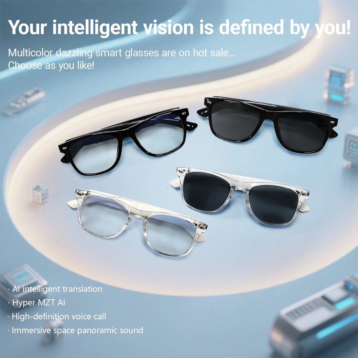Smart Glasses with AI Translation – Supports 100+ Languages, Bluetooth TWS, Calls, Music, Noise Reduction & Light Control for Men & Women