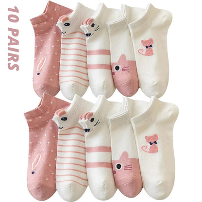 Women's Pink Cat Short Tube Socks - Cute Low Top Casual Socks, 5/10/20 Pairs