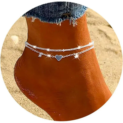 925 Silver Plated CZ Anklet Bracelet – Waterproof Heart Charm Dainty Layered Chain Anklet for Women & Girls Jewelry Gift