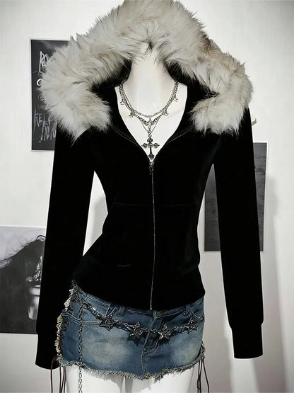 Women’s Y2K Gothic Hoodie - Slim Suede Fur Collar Letter Print Streetwear Sweatshirt