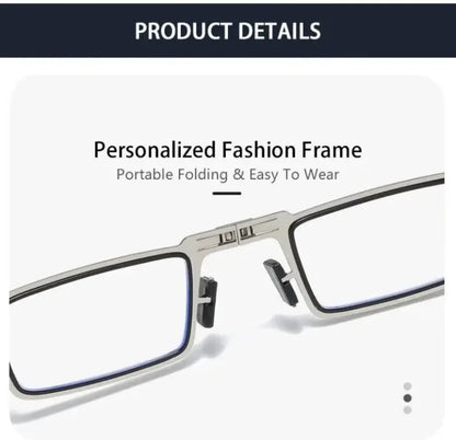 Unisex Folding Reading Glasses – Full Metal Frame, Transparent Lenses, Anti-Blue Light with Case