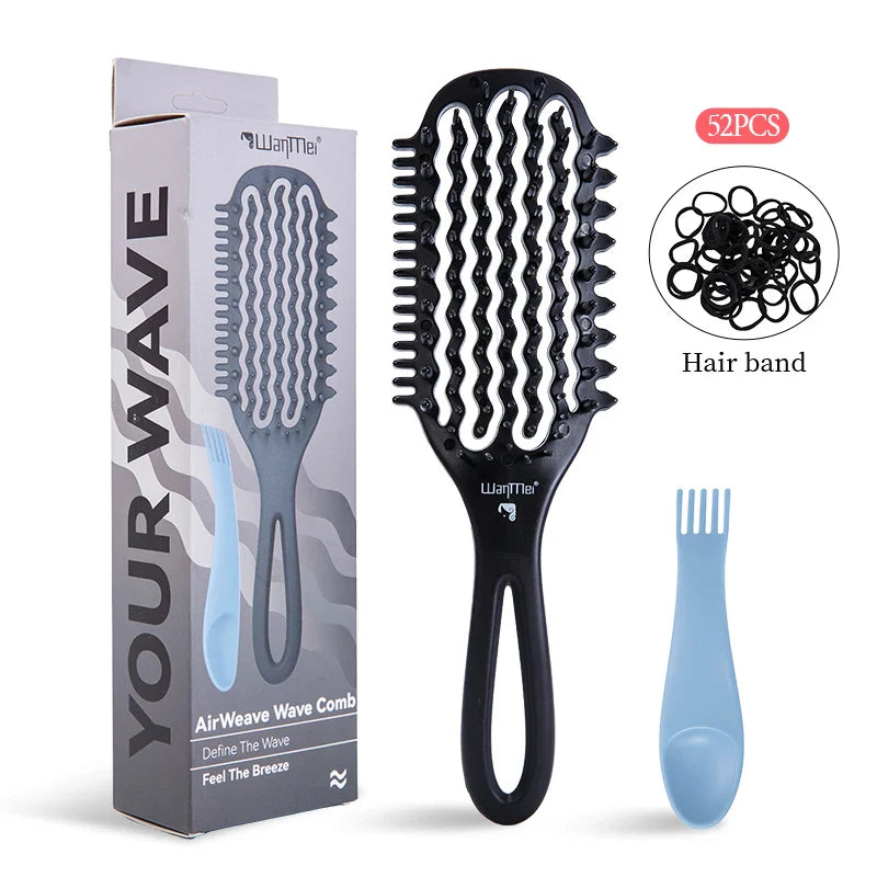 WANMEI Air Cushion Detangler Brush Set – Scalp Massage Comb, Cleaner & 52 Hair Bands, Anti-Frizz Wet/Dry Styling Tool