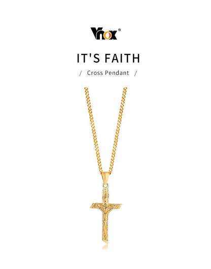 Vnox Cross Necklace for Men & Women – Gold Stainless Steel Jesus Pendant, Catholic Faith Jewelry for Church Prayer