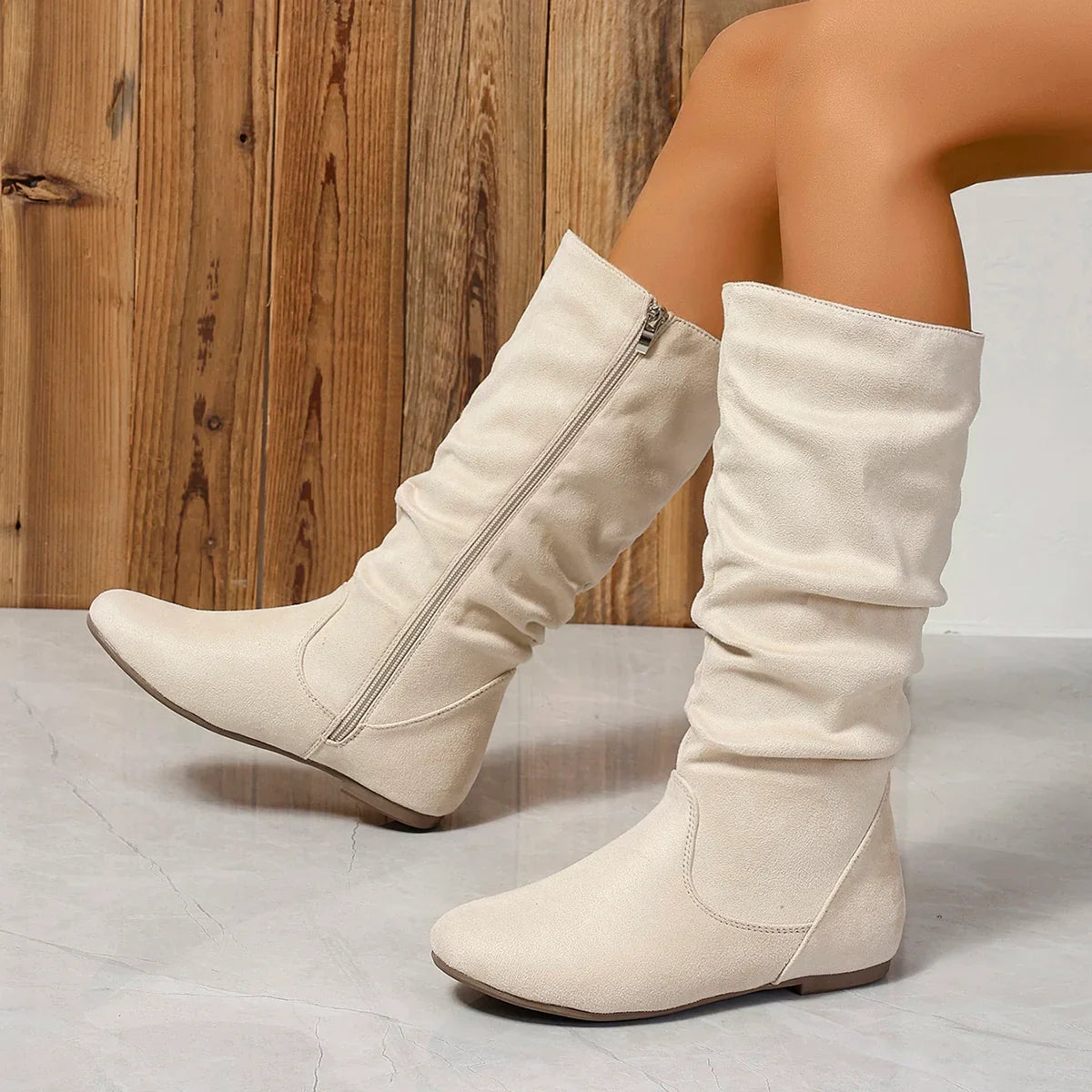 Pleated PU Women’s Fashion Boots – Casual Side-Zip Round Toe Flat High Solid Color Boots