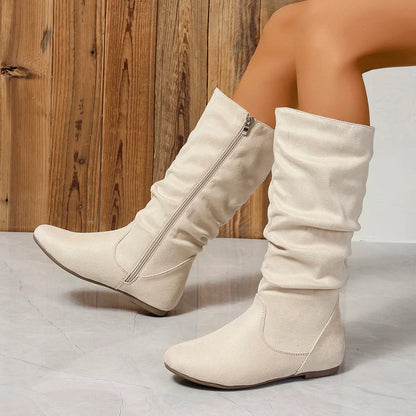 Pleated PU Women’s Fashion Boots – Casual Side-Zip Round Toe Flat High Solid Color Boots
