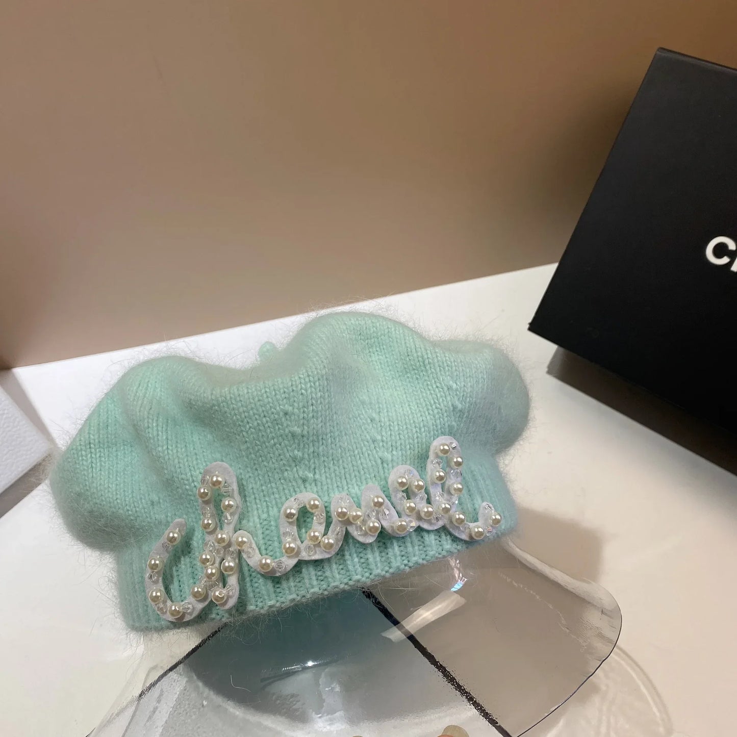 Luxury Fashion Letter Pearl Angora Fur Beret – Women's French Painter Hat, Warm Knitted Octagonal Walking Cap