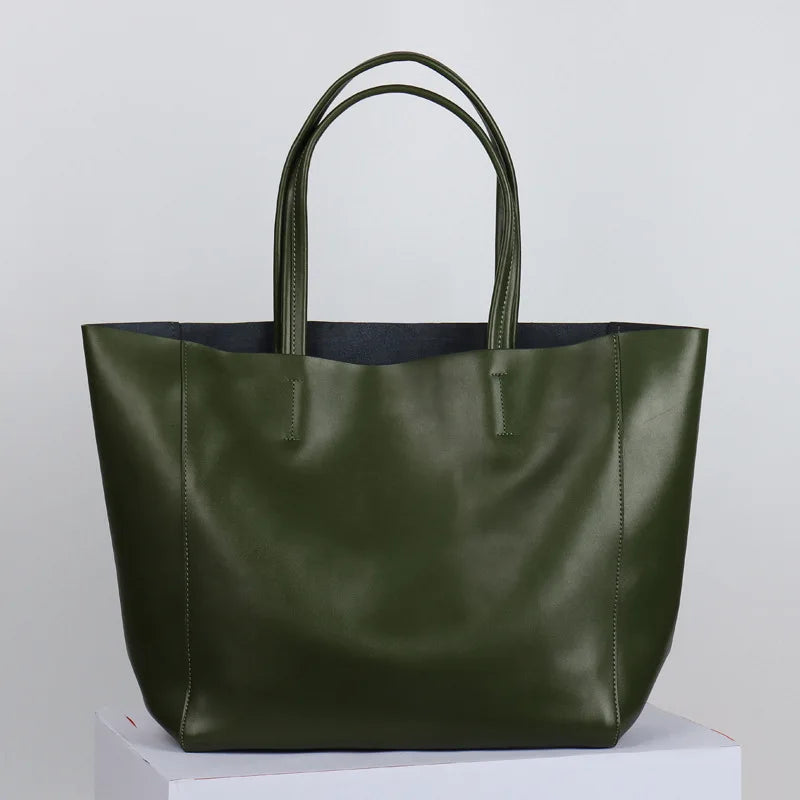Customizable Name Large Capacity Commuter Bag – 100% Genuine Leather Soft Tote, Single Shoulder & Diagonal Shopping Bag